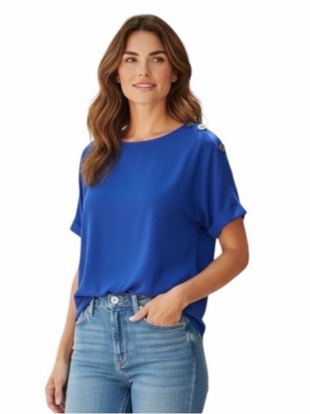 Peck & Peck Blue Scoop Neck Blouse with Silver Button Details on One Sleeve M